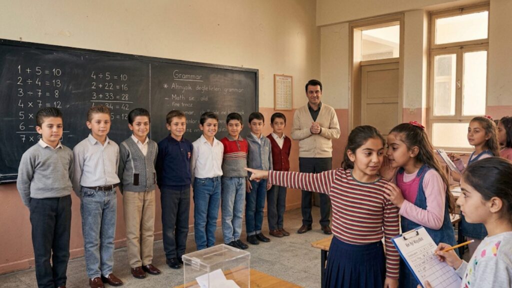 Male primary school students stand in a line in front of a chalkboard with math equations and grammar notes. In the foreground, a transparent ballot box sits on a wooden desk. To the right, a girl in a striped shirt points at one of the boys while whispering to her friend, while another student marks a scorecard. Their male teacher stands in the background watching the classroom activity. 