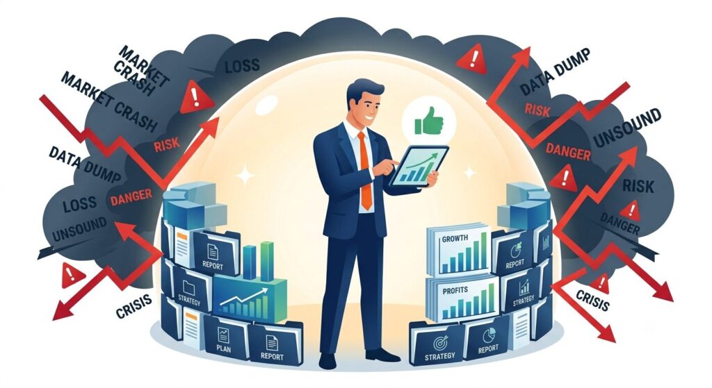 Alt Text: Vector illustration of a businessman inside a protective, sunny bubble looking at a positive icon on a tablet, shielded by a wall of document folders and charts from an external storm of negative market data and crisis red trend lines.