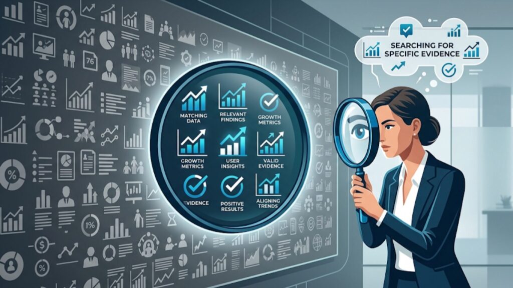 Alt Text: A corporate-style vector illustration of a businesswoman in a suit using a magnifying glass to look at a large wall filled with grayed-out data and charts. The magnifying glass acts as a filter, highlighting only positive metrics like "Growth Metrics" and "Valid Evidence" in bright blue, while a thought bubble above her head reads "Searching for Specific Evidence."