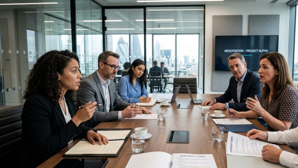 A photographic image of a group of seven business people engaged in a discussion at a wooden conference table in a modern city office.