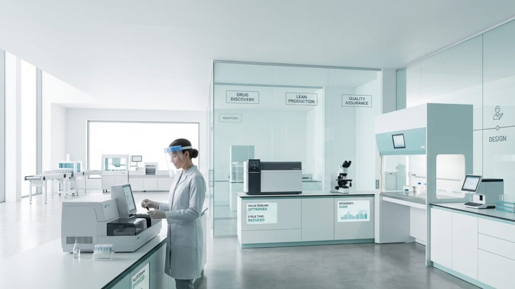 Modern, minimalist pharmaceutical laboratory featuring a female researcher conducting optimized drug discovery experiments with clean visual iconography on glass partitions. 