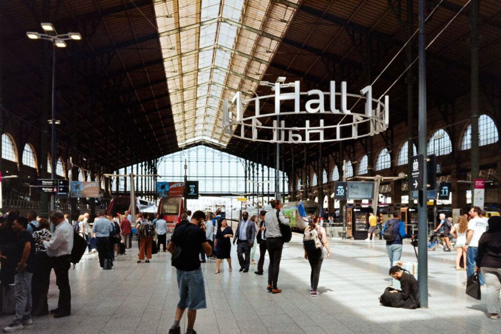Paris Gare du Nord train station platform, where the writer's journey back to London began