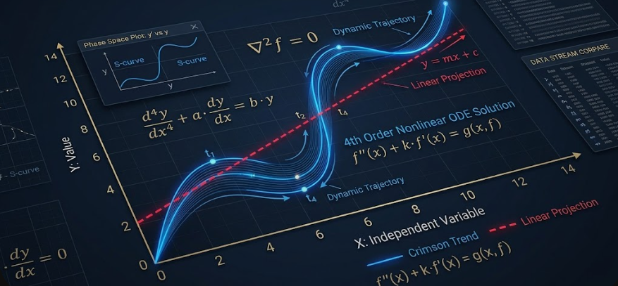Comparative graph analysis of a dashed linear trend line versus a high-order nonlinear differential equation solution curve