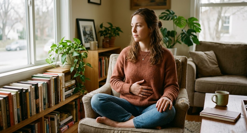 A person sitting cross-legged in an armchair near a window, holding their hand over their stomach with a thoughtful expression.